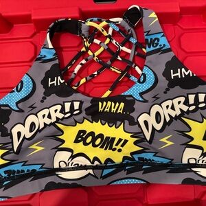 Constantly Varied Gear Comic Print Sports Bra - Blue, Yellow, Black